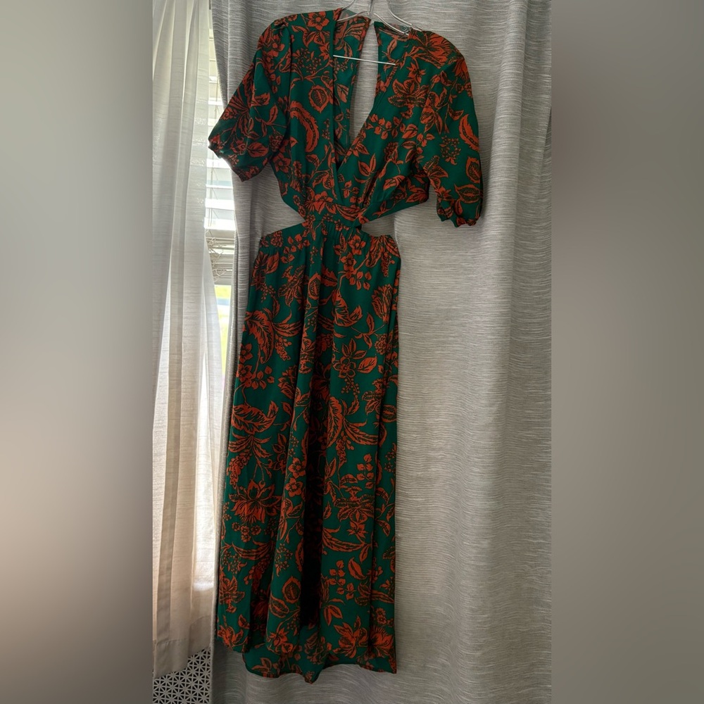 SHEIN Green Puff Sleeve Wrap Sundress